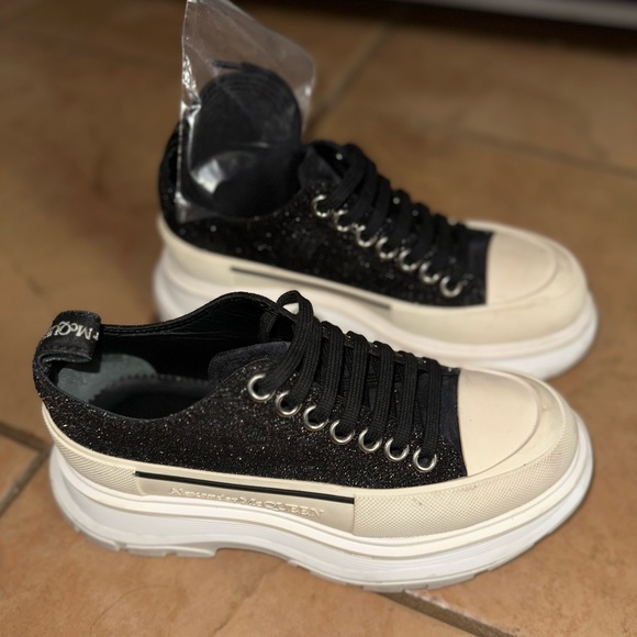 Alexander McQueen Shoes - Alexander McQueen Black Glitter and Cream Sneakers